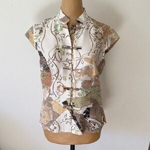Citron XS Santa Monica silk Floral Print Cap Sleeve Top knit buttons great cond